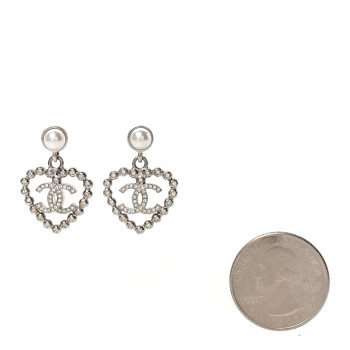 CHANEL Pearl Crystal CC Heart Drop Earrings Silver