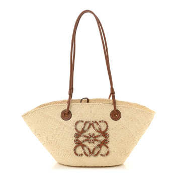 LOEWE Calfskin Raffia Paulas Ibiza Small Anagram Basket Tote Bag Natural Tan