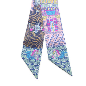 HERMES Silk Super Silk Quest Twilly Bleu Cobalt Rose Jaune