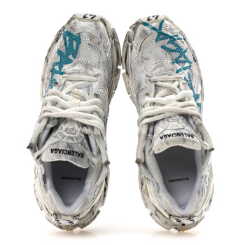 BALENCIAGA Mesh Rubber Graffiti Mens Runner Sneakers 42 White Blue
