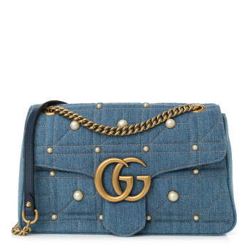 GUCCI Kura Denim Matelasse Cubic Pearl Studded Medium GG Marmont Shoulder Bag Blue
