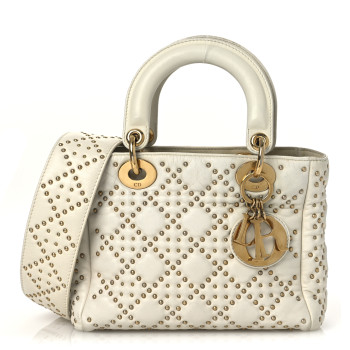CHRISTIAN DIOR Calfskin Cannage Studded Small Supple Lady Dior White
