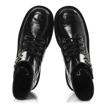 CHANEL Shiny Calfskin Quilted Lace Up Combat Boots 36 Black