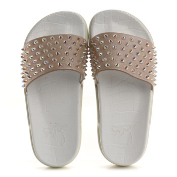 CHRISTIAN LOUBOUTIN Calfskin Donna Studded Pool Fun Platform Flat Slide Sandals 36 Nude Clear