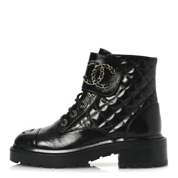CHANEL Shiny Calfskin Quilted Lace Up Combat Boots 36 Black
