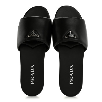 PRADA Soft Nappa Metal Triangle Logo Slide Sandals 39 Black