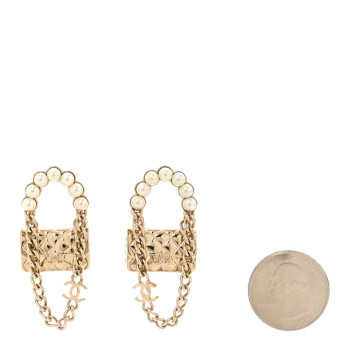 CHANEL Metal Pearl Quilted CC Flap Bag Earrings  Gold