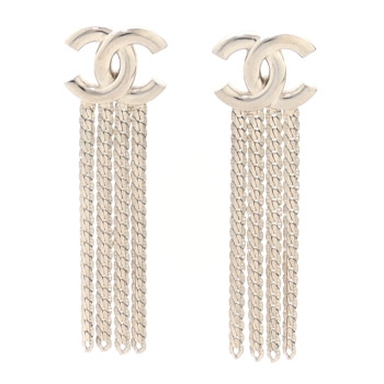 CHANEL Metal Chain CC Drop Earrings Silver