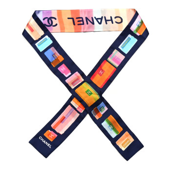 CHANEL Silk Logo Slim Bandeau Scarf Dark Navy Orange Blue