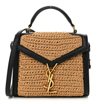 SAINT LAURENT Raffia Calfskin Mini Classic Monogram Cassandra Top Handle Black Natural