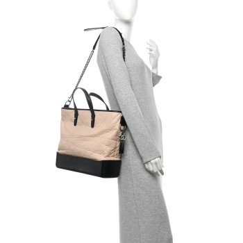 CHANEL Aged Calfskin Quilted Large Gabrielle Shopping Tote Beige Black