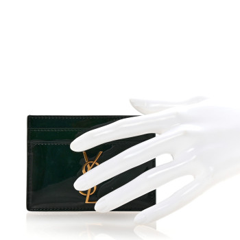 SAINT LAURENT Patent Calfskin Monogram Credit Card Case Fir Leaf