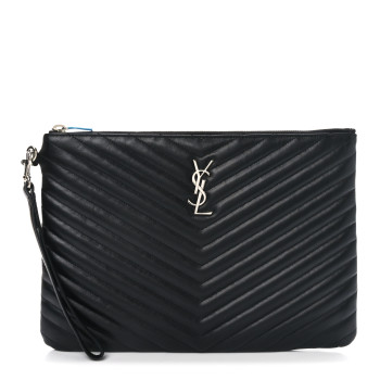 SAINT LAURENT Calfskin Matelasse Monogram Cassandre Tablet Pouch Black