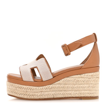 HERMES H Canvas Goatskin Elda Espadrille Wedge Sandals 36 Noisette Natural