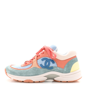 CHANEL Nylon Lambskin Suede Calfskin CC Sneakers 38.5 Coral Light Blue White