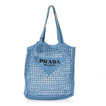 PRADA Yarn Raffia Effect Crochet Logo Embroidered Tote Bag Celeste