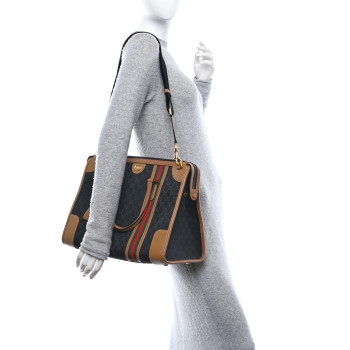 GUCCI Monogram Textured Dollar Calfskin Web Large Bauletto Duffle Top Handle Bag Black Koi Beige