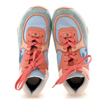 CHANEL Nylon Lambskin Suede Calfskin CC Sneakers 38.5 Coral Light Blue White