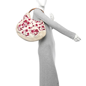 GUCCI Lizard Canvas Embroidered Peggy Bamboo Top Handle Hobo White Pink