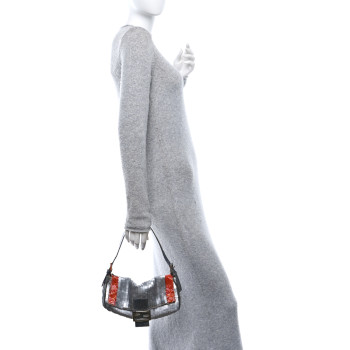 FENDI Sequin Beaded Lizard Baguette Silver Orange