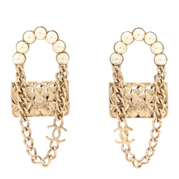 CHANEL Metal Pearl Quilted CC Flap Bag Earrings  Gold