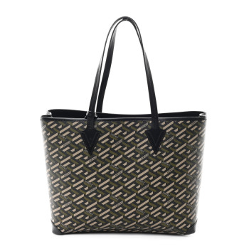 VERSACE Canvas Calfskin Monogram La Greca Medusa Tote Black Khaki