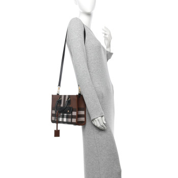 BURBERRY E-Canvas Check Calfskin Mini Freya Tote Dark Birch Brown