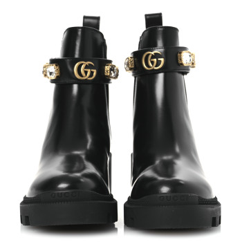GUCCI Calfskin Crystal GG Trip Chelsea Ankle Boots 35.5 Black