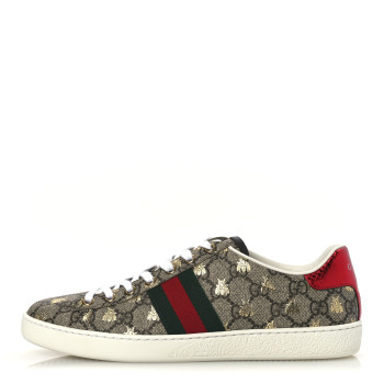GUCCI GG Supreme Monogram Bees Ayers Web Womens Ace Sneakers 38.5 Beige Oro Green Red