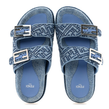 FENDI Denim FF Quilted Fendi Feel Buckled Slide Sandals 37.5 Blue