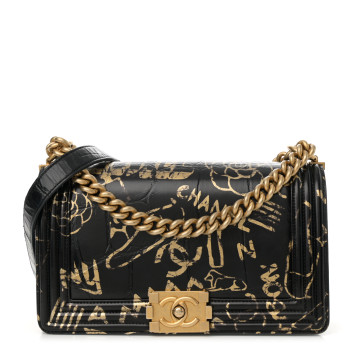 CHANEL Calfskin Crocodile Embossed Graffiti Cocodile Medium Boy Flap Black Gold