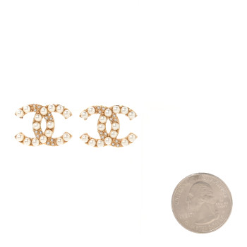 CHANEL Pearl Crystal CC Earrings Gold