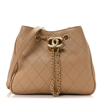 CHANEL Calfskin Stitched Small Egyptian Amulet Drawstring Bag Beige