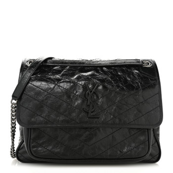SAINT LAURENT Crinkled Calfskin Matelasse Monogram Large Niki Chain Satchel Black