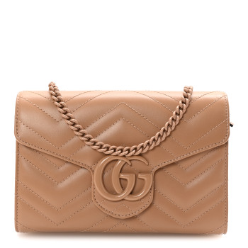GUCCI Calfskin Matelasse Monochrome GG Marmont Chain Wallet Camelia