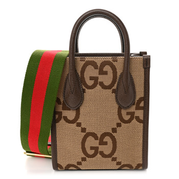 GUCCI Monogram Jumbo GG Textured Dollar Calfskin Web Mini Vertical Tote Camel Ebony New Acero