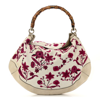 GUCCI Lizard Canvas Embroidered Peggy Bamboo Top Handle Hobo White Pink