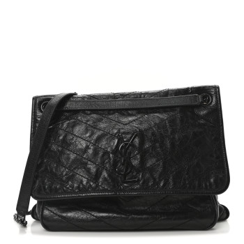 SAINT LAURENT Crinkled Calfskin Matelasse Monogram Large Niki Chain Satchel Black