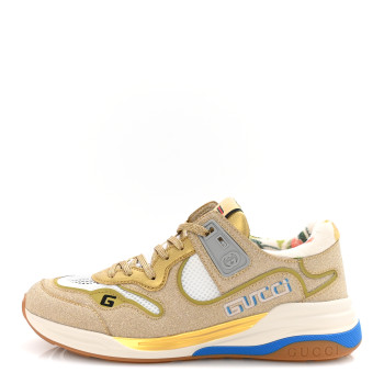 GUCCI Metallic Calfskin Glitter Mesh Womens Ultrapace Sneakers 38 Gold