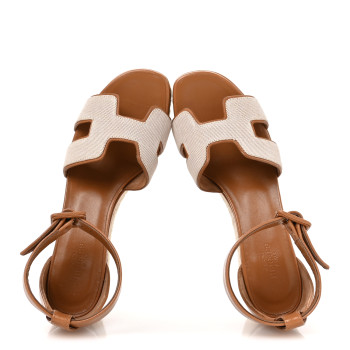 HERMES H Canvas Goatskin Elda Espadrille Wedge Sandals 36 Noisette Natural