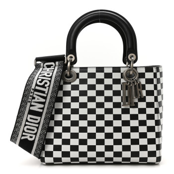 CHRISTIAN DIOR Calfskin Checkered Medium Lady Dior Black White