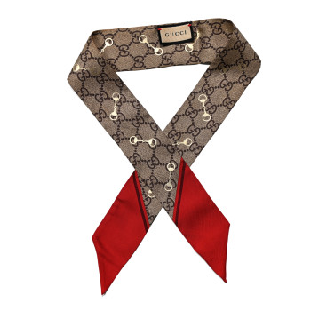 GUCCI Silk Twill GG Monogram Gold Horsebity Neck Bow Scarf Flame