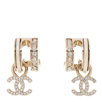 CHANEL Crystal CC Hoop Drop Earrings Gold Pearly White