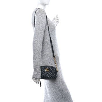 GUCCI Calfskin Matelasse Mini GG Marmont Chain Shoulder Bag Black
