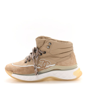 CHANEL Fabric Suede Womens CC Sneakers 38 Beige