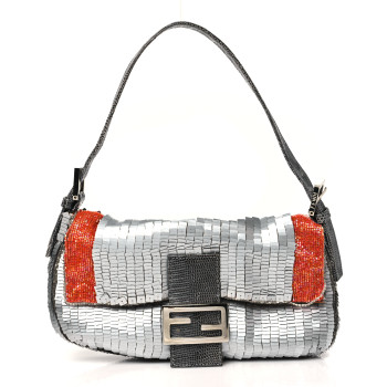 FENDI Sequin Beaded Lizard Baguette Silver Orange