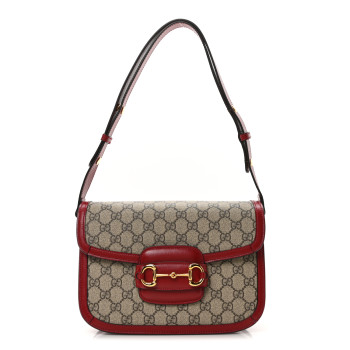 GUCCI GG Supreme Monogram Azalea Calfskin Horsebit 1955 Shoulder Bag Beige Ebony New Cherry Red