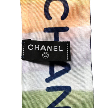 CHANEL Silk Logo Slim Bandeau Scarf Dark Navy Orange Blue