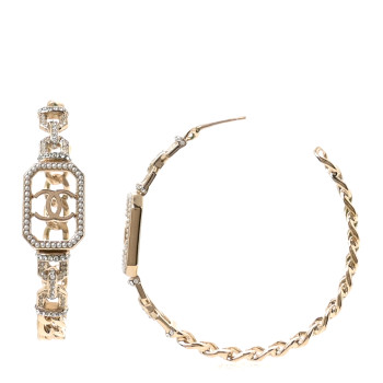 CHANEL Metal Crystal CC Vendome Chain Hoop Earrings Gold