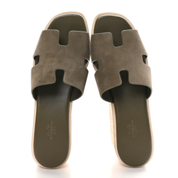 HERMES Suede Goatskin Cork Eze 30 Sandals 40 Vert Toundra